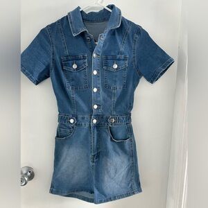 Denim Short-Sleeve Romper - Blue